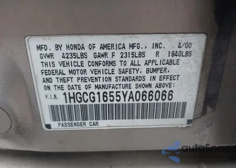 2000 Honda Accord 3.0 Ex from USA, damaged, VIN 1HGCG1655YA066066